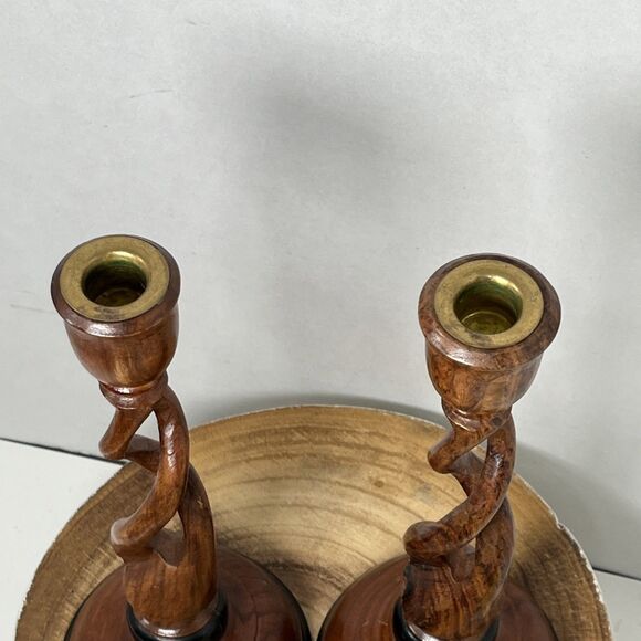 Pair Of Vintage Carved Wood Barley Twist Multi Tone Candlesticks 12” - Picture 8 of 10
